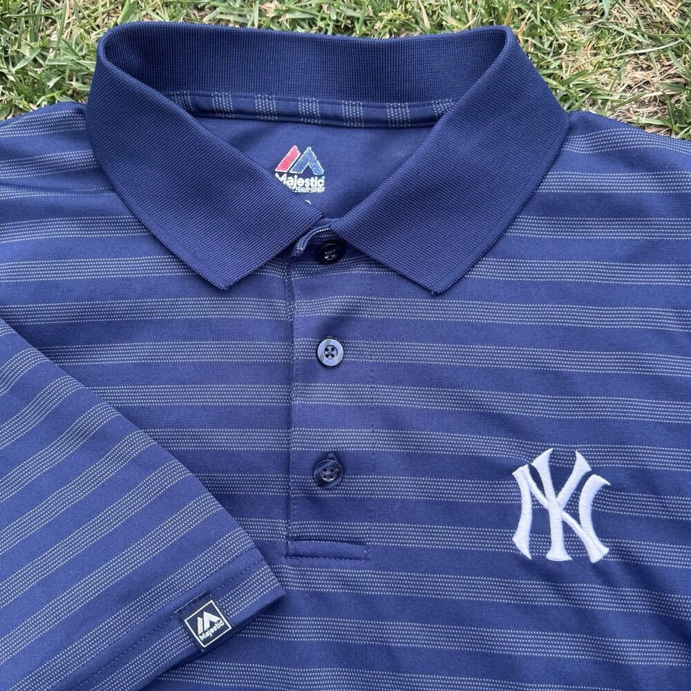 New York Yankees polo mens Sz L Majestic navy striped baseball golf casual MLB